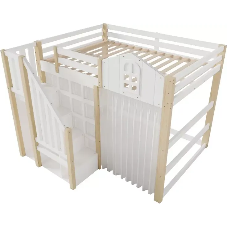 Hochbett mit LED-Beleuchtung, Lattenrost, Rausfallschutz, Treppe und Gardine, 140x200 cm, Kinderbett, Kiefer – Bild 7