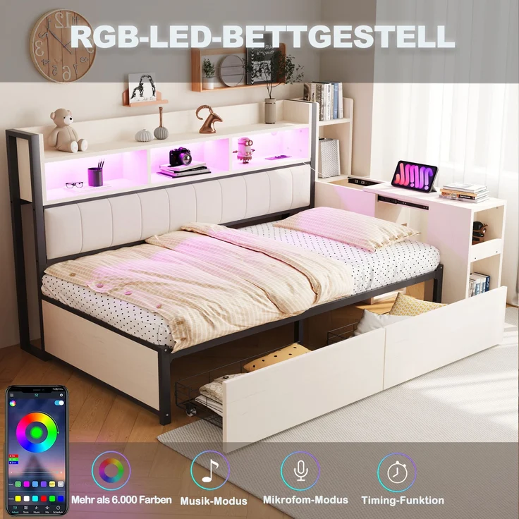 Bett 90x200 cm mit Stauraum und ausklappbarem Schreibtisch – Weiß, Metall & Holz – Bild 5