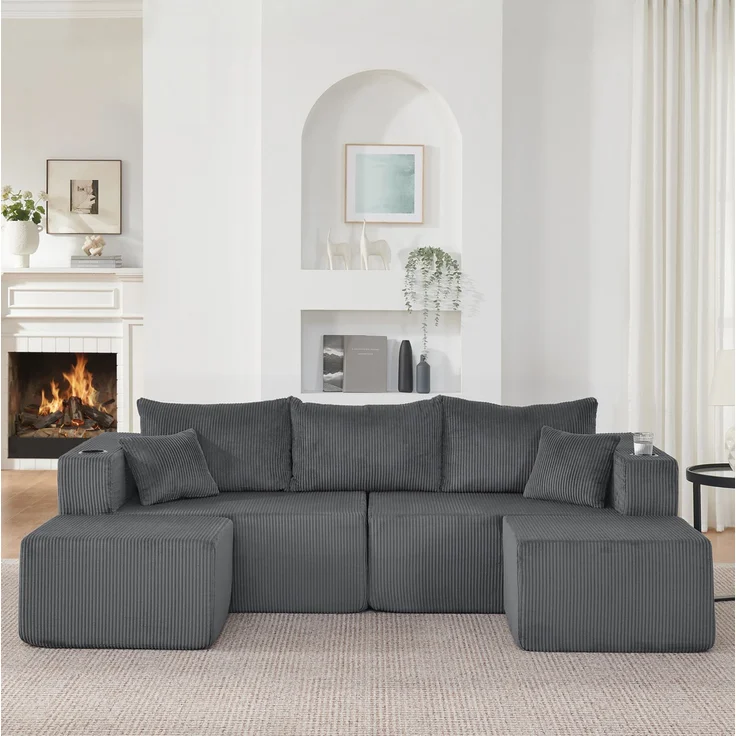 Ecksofa, Cordstoff mit 2 beweglichen Ottomanen & Getränkehaltern, 3-Sitzer, 230×138×75 cm, Grau – Bild 2