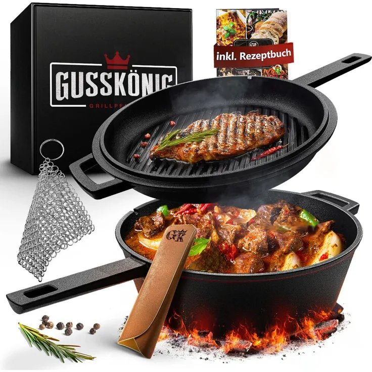 2in1 Casserole 3,6 l aus Gusseisen – Topf & Pfanne in einem, mit Ledergriff & Ringreiniger, eingebrannt, für Induktion, Grill & Backofen