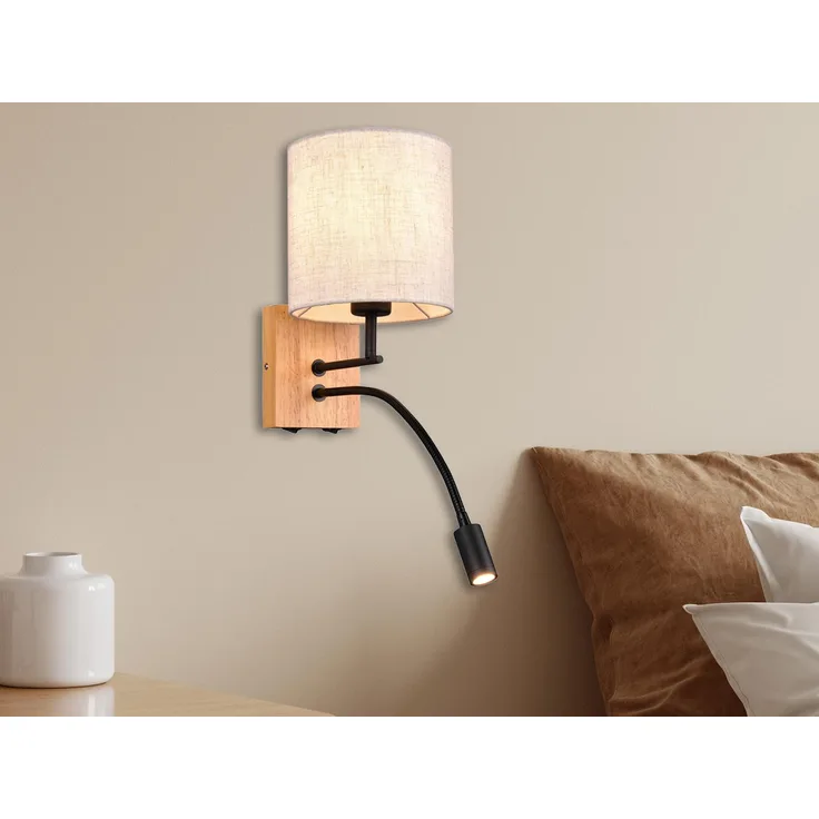 Wandleuchte NILAM mit LED Leselampe & rundem Stoffschirm in Beige, Höhe 30cm