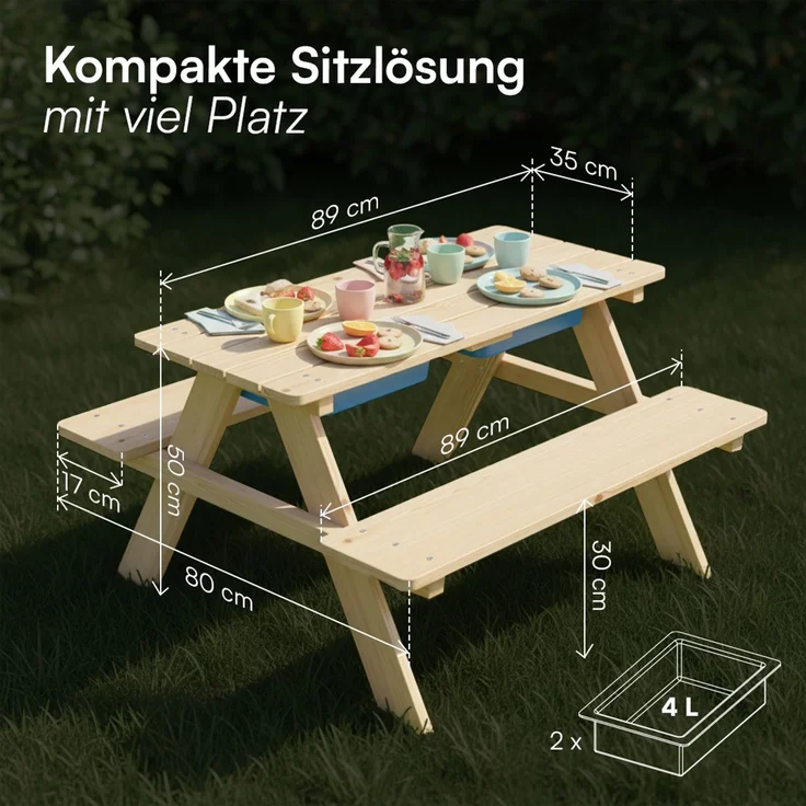 Bellabino 'Inny' Sitzgarnitur für Kinder, Kiefer massiv, natur unbehandelt, 50x89x80 cm, Kindersitzgarnitur für 4 Personen, Matschtisch mit 2 Wannen, ab 2 Jahren – Bild 7