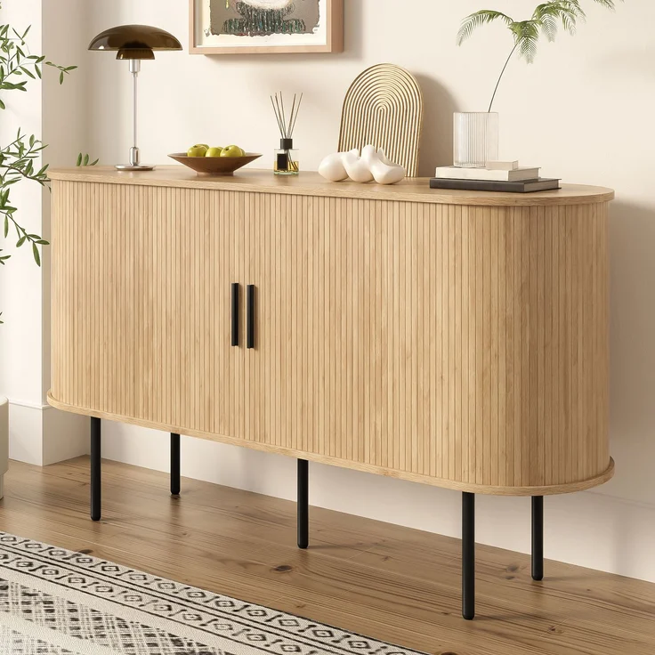 Merax Sideboard mit Rolljalousie-Türen, Aluminiumgriffen & Eisenbeinen – Vielseitiger Aufbewahrungsschrank für Wohnzimmer, Esszimmer & moderne Einrichtung, Holzfarbe – Bild 3