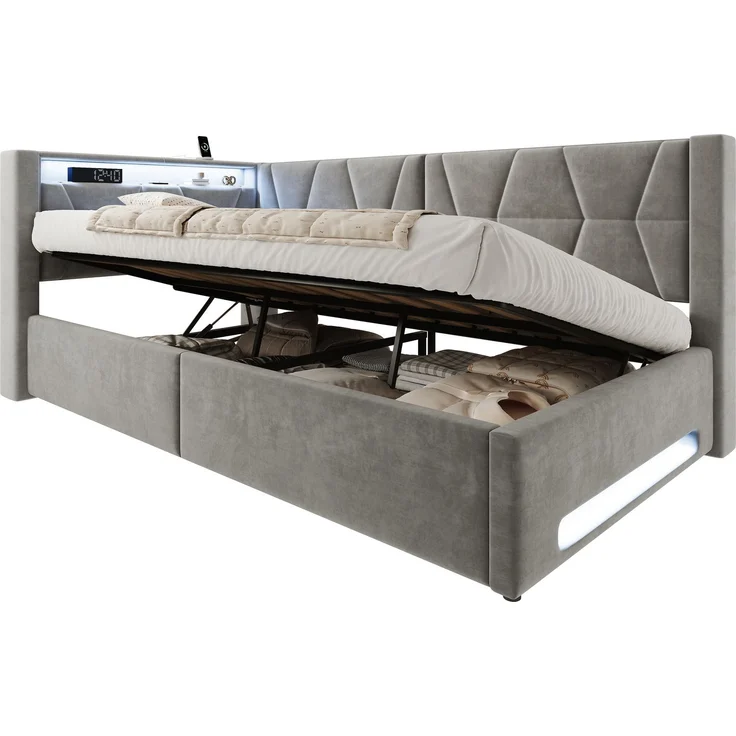 TavilaEcon Polsterbett Samtbett mit LED-Beleuchtung an Kopf- und Fußteil, USB & Type-C grau Liegefläche 90 × 200 cm – Bild 10