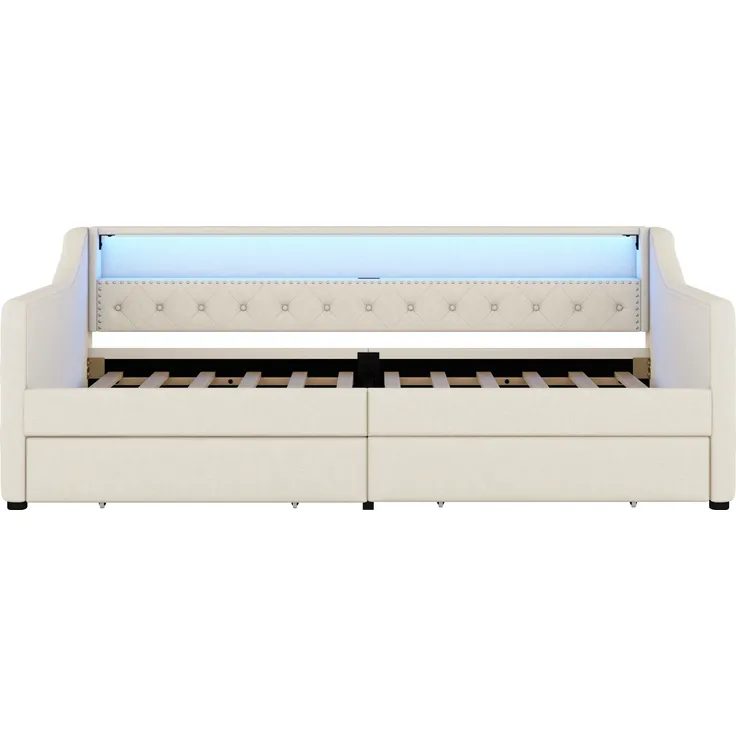 Schlafsofa mit LED-Streifen, Lattenrost und 2 Schubladen, 90x200cm, Polsterbett, Einzelbett, Jugendbett, Leinenbezug – Bild 8