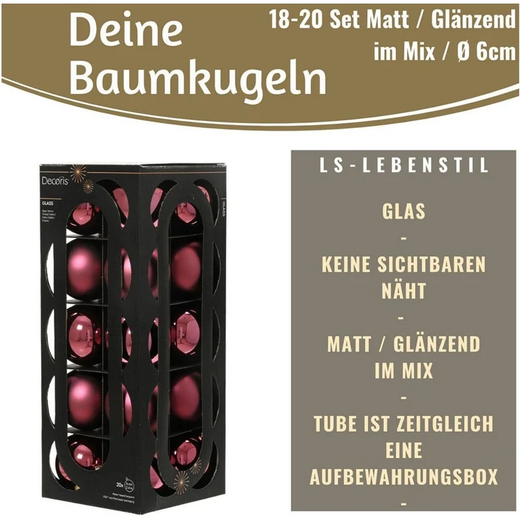 LS-LebenStil Weihnachtsbaumkugel 18-20 Design Glas Weihnachtskugeln 6cm Rosa Dunkelrosa Christbaum Deko (18 St), Edle Weihnachtsdeko Matt / Glänzend Weihnachtsbaumschmuck Deko Kugeln – Bild 2