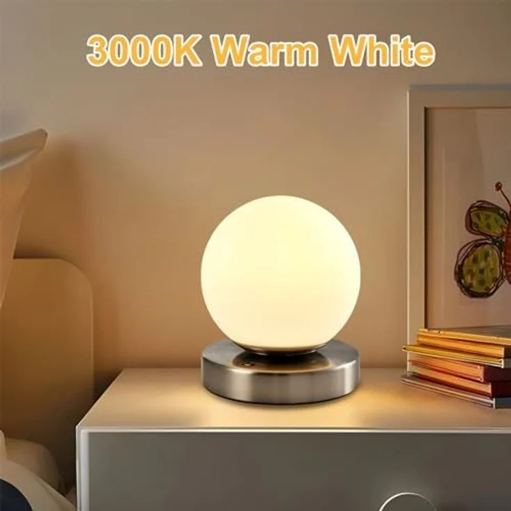 LQWELL Nachttischlampe Nachttischleuchte, Tischlampe Tischleuchte, 3 Dimmstufen USB Wiederaufladbar, LED fest integriert, Warmweiß, Touch Beistelltischlampe Leselampe Kugel Glas – Bild 5