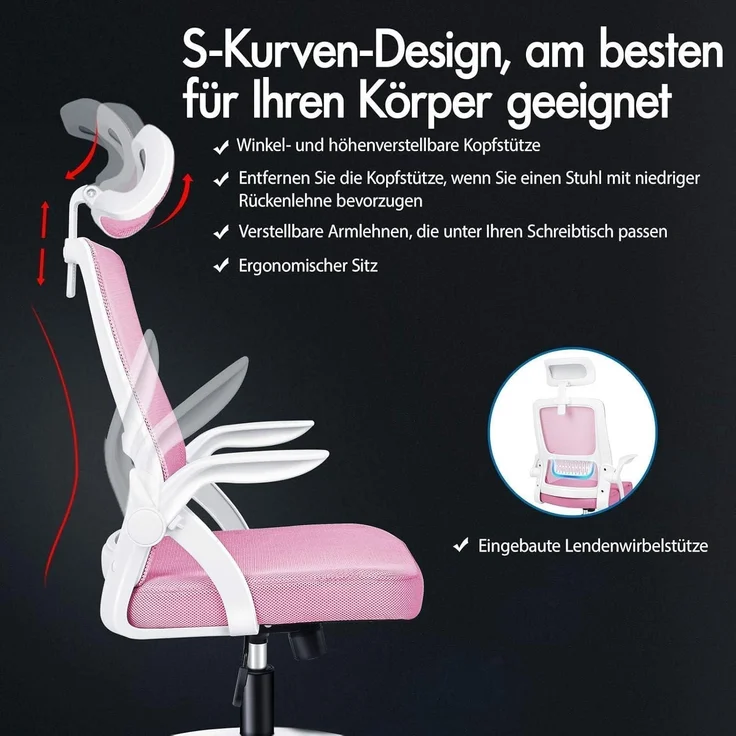 ALFORDSON Bürostuhl Rosa Kopfstütze Lordosenstütze Mesh-Rückenlehne – Bild 3