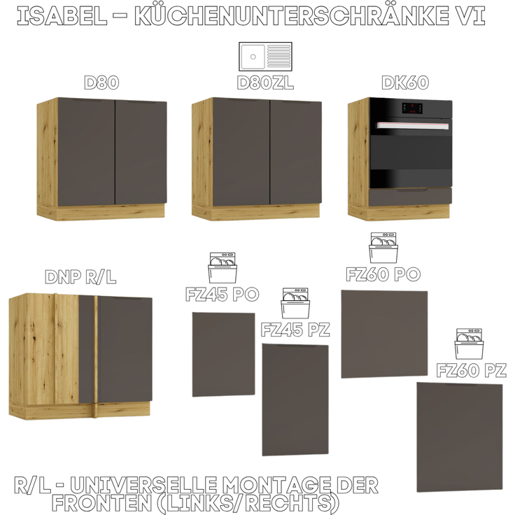 Küche Hochschrank - 60 x 213,3 cm - Mocca-Grau und Schwarz matt - Unterschrank für den Backofen - Höhenverstellbar - Eiche Artisan – Bild 3