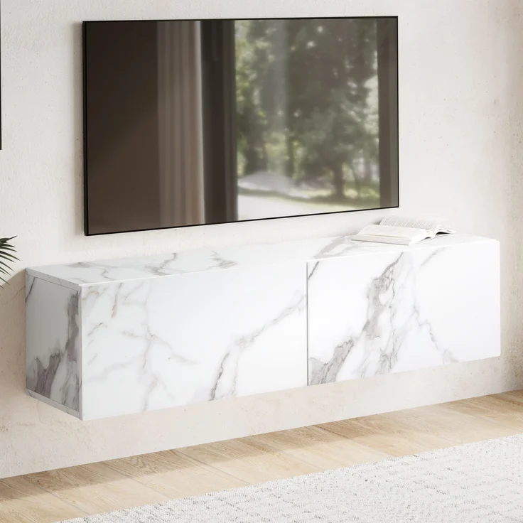 FINEBUY Lowboard FB58622 (Marmor-Optik Weiß 120x30x30 cm mit zwei Türen), TV-Kommode Hoch, TV-Schrank Modern, Fernsehtisch – Bild 1