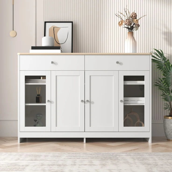 Sideboard 120x37x80 cm im Landhausstil, mit 4 Türen, 2 Schubladen und verstellbaren Böden – Bild 3
