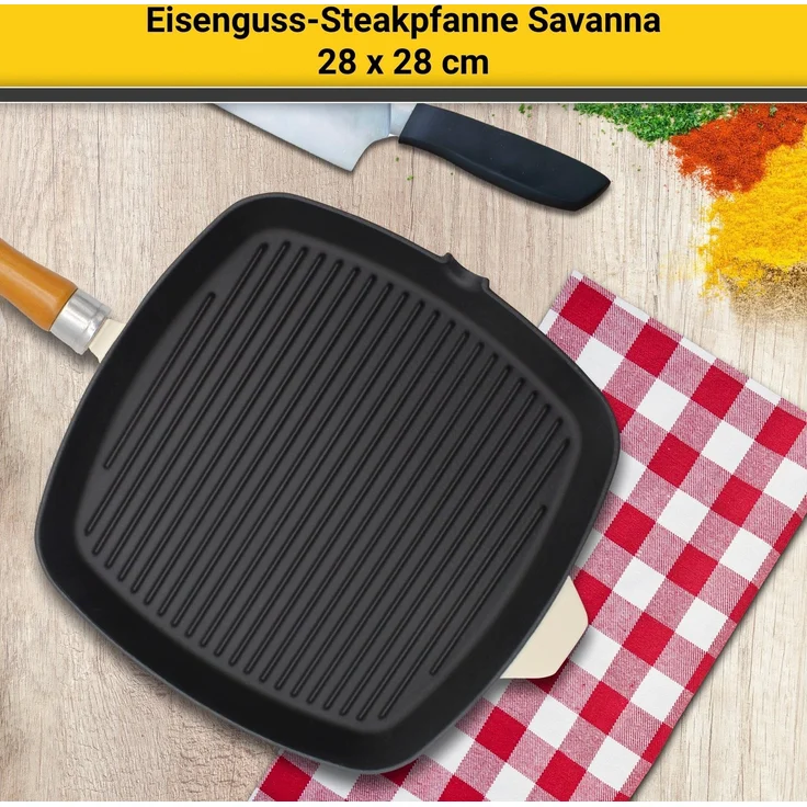 Krüger Steakpfanne Einsenguss Grill-/ Steakpfanne SAVANNA, 28 x 28cm, Gusseisen (1-tlg), für Induktions-Kochfelder geeignet – Bild 2