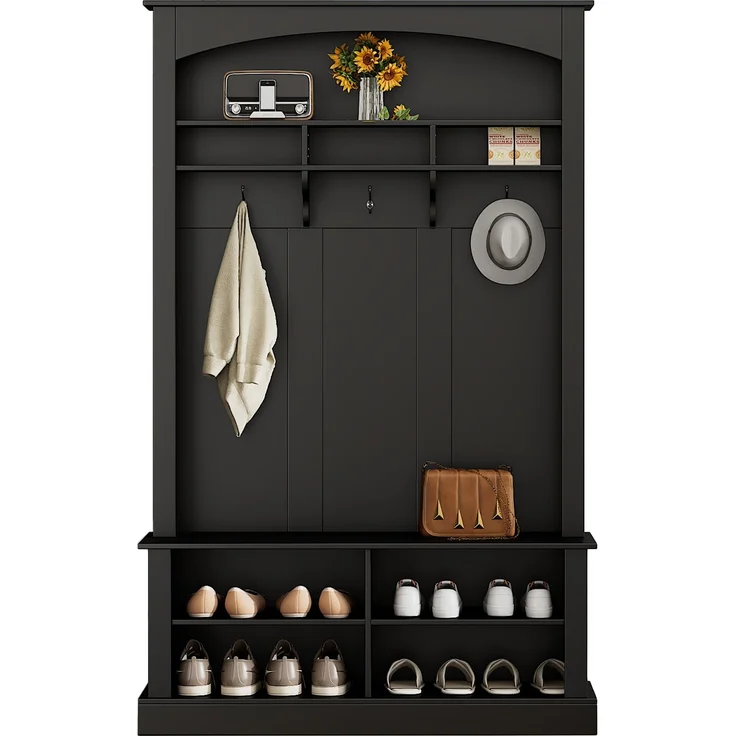 Garderobe mit Sitzbank 120x40x190 cm – Schuhablagen und verstellbare Einlegeböden, Schwarz – Bild 2