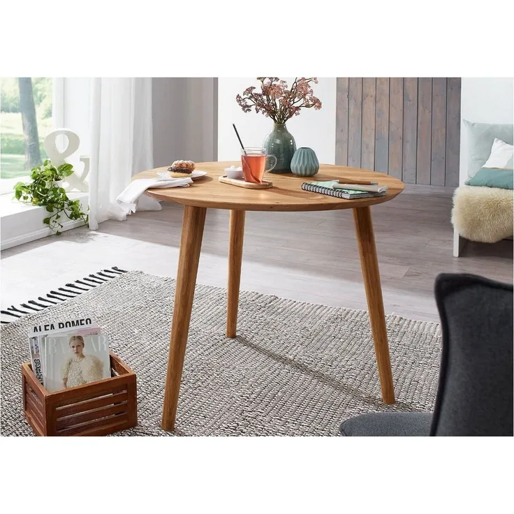 Massivart® Esstisch MATTI 90 cm x 90 cm / rund / Wildeiche, Tischplattenstärke 25 mm und geölt / 3 Standbeine