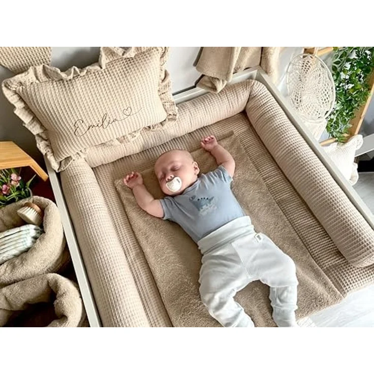Wickelauflage Set 6-teilig – Wickelunterlage aus Waffelstoff & Frottee mit Druckknöpfen – Baby Wickelauflage – Wickeltischauflage – 75x72 cm (Breite x Tiefe), Altbeige – Bild 3