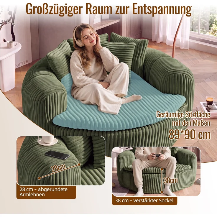 Abrihome Sitzsack mit Armlehnen und Rückenkissen, Grün, 145x133x59 cm – Bild 5