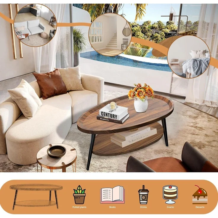 Ovaler Couchtisch Holz Wohnzimmer Tisch Stauraum Industrie-Design 100x55x38 cm – Bild 3
