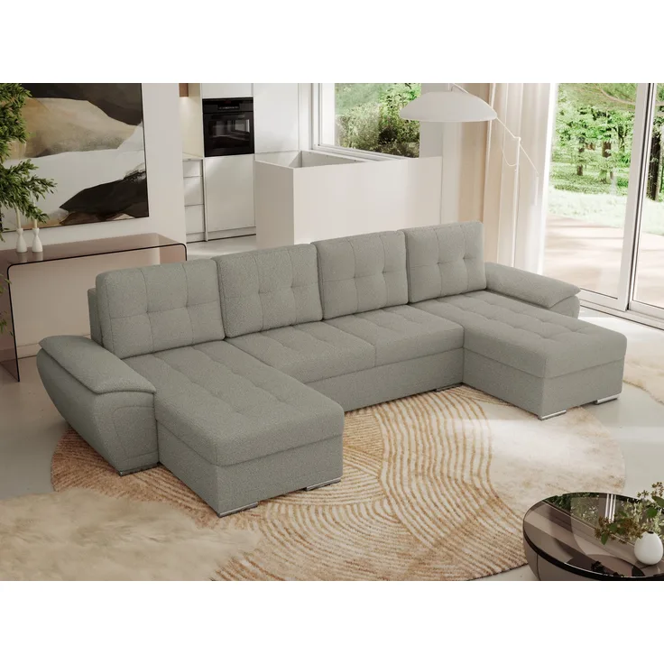 U-förmiges Ecksofa mit Schlaffunktion, genähter Sitz, zwei Armlehnen und losen Kissen - UMBRIA U - Hellgrau Boucle