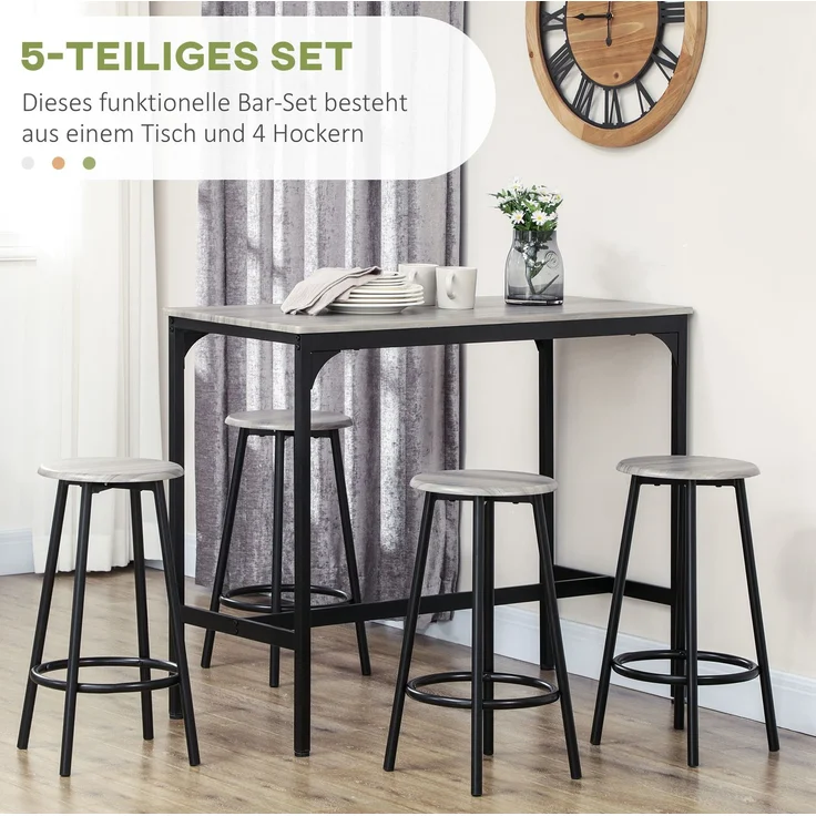 Bartisch-Set, 5-teilig mit 4 Barhockern, 110x50x89,5 cm, Grau – Bild 7