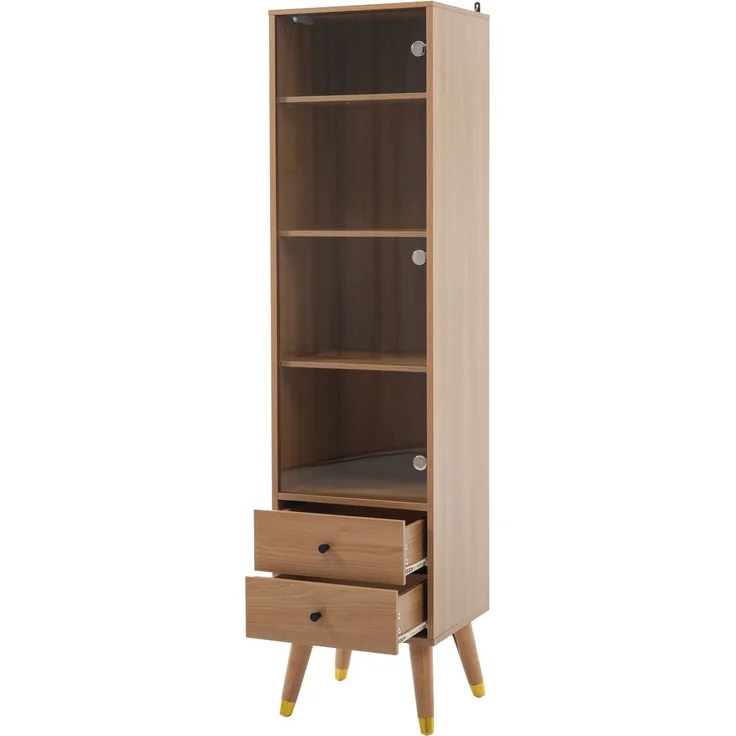 Moderner Hochschrank mit Glastür, Vitrinenschrank mit verstellbaren Regalen und 2 Schubladen, Standschrank für Wohnzimmer, Bad & Büro in Holz-Optik--Holz--39.8x35x160cm--YOUDENOVA – Bild 9