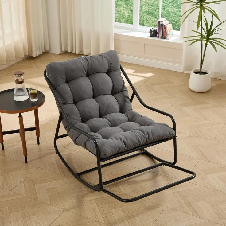 Ball & Cast Schaukelstuhl für Drinnen & Draußen, Rocking Chair mit Gepolstertem Kissen und Fußstütze, Moderner Balkonsessel für Wohnzimmer, Garten & Terrasse, Grau – Bild 1
