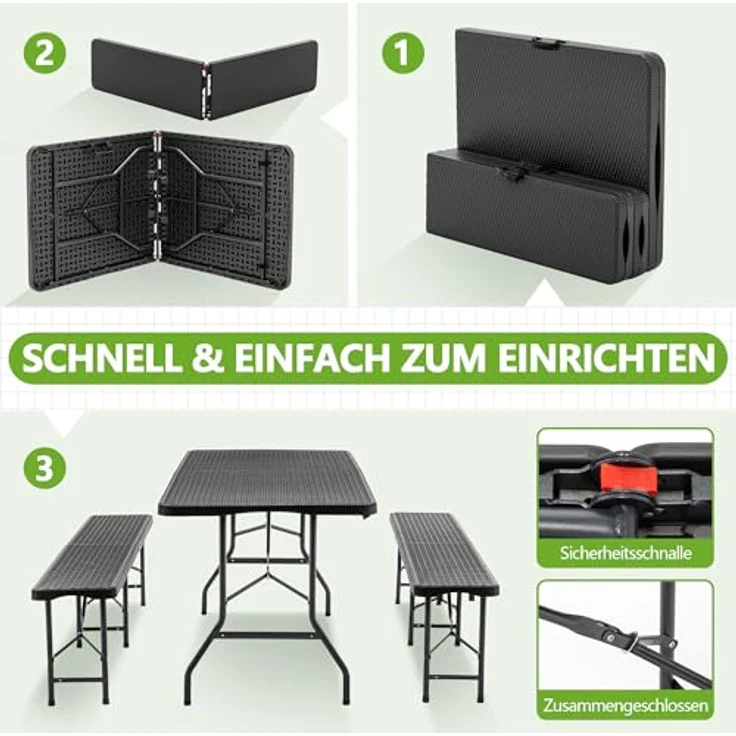 Ball & Cast Bierzeltgarnitur 3-teilig, Biertisch Klapptisch mit 2 Sitzbänken, Bierzeltgarnitur Klappbar Kunststoff, 180 cm, Schwarz – Bild 8