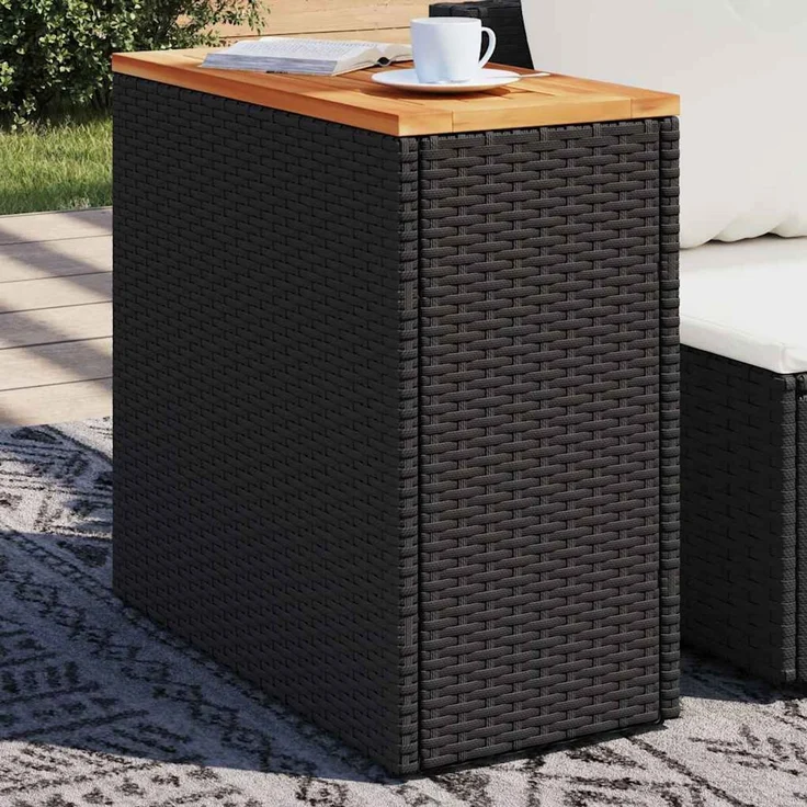 Gartentisch, Beistelltisch, Balkontisch mit Holzplatte Schwarz 58 x 27,5 x 55 cm Poly Rattan – Bild 1