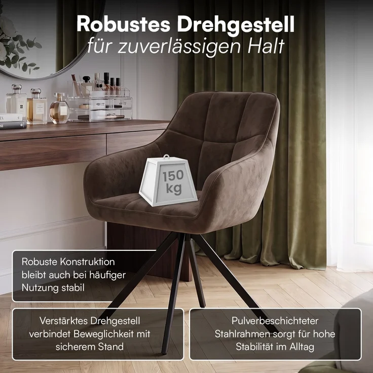 skølm 'Sköll' Esszimmerstühle, 4er Set, dunkelbraun, gepolstert mit Samt-Bezug, höhenverstellbar & drehbar, Polsterstühle mit Armlehnen, bis 150 kg belastbar – Bild 3