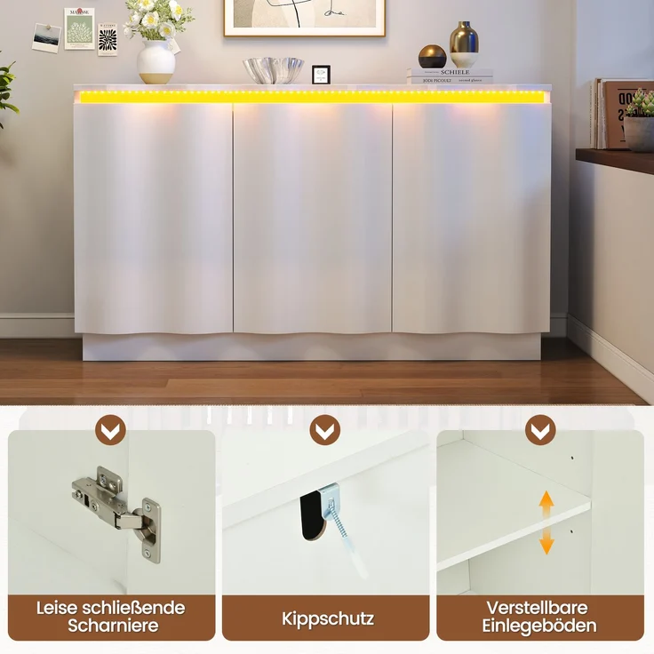 Flieks LED Sideboard, Wellenfront 3 Türen, verstellbaren Einlegeböden, 120 x 39.5 x 69.5 cm, Weiß – Bild 6