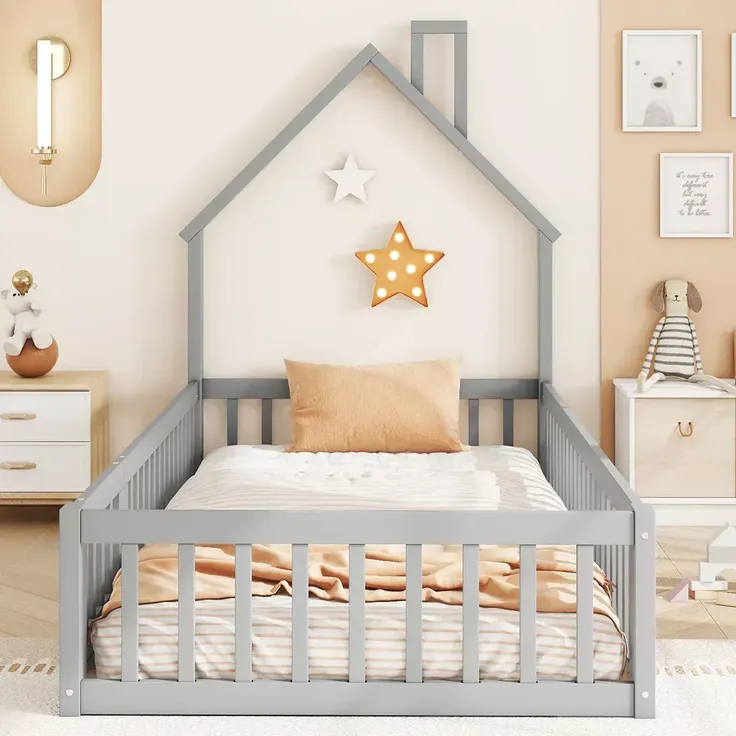 Hausbett mit Lattenrost und Rausfallschutz, 90x200 cm, Kinderbett, Jugendbett, Kiefer – Bild 2