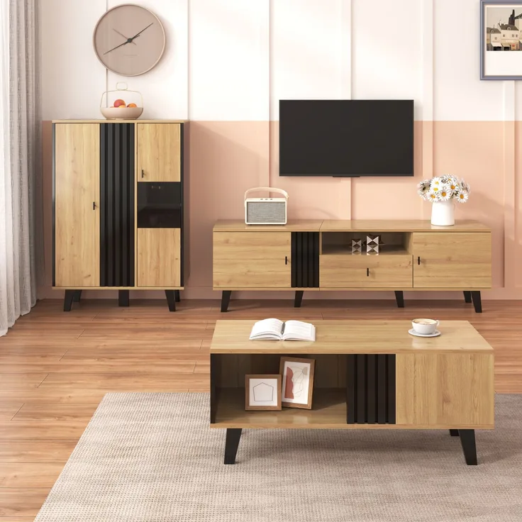 EINHOM Wohnzimmermöbel Set 3-Teilig – Couchtisch, TV-Schrank & Sideboard – Modernes Design in Holz und Schwarz – Viel Stauraum, Stilvolle Eleganz für Jedes Zuhause