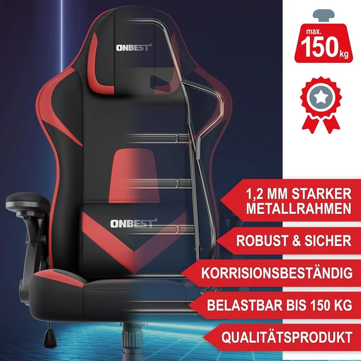 Onbest Gaming-Stuhl ergonomisch mit Lordosenkissen bis 150kg, 360°, verstellbare Armlehnen Kopfstütze Rückenlehne – Bild 7