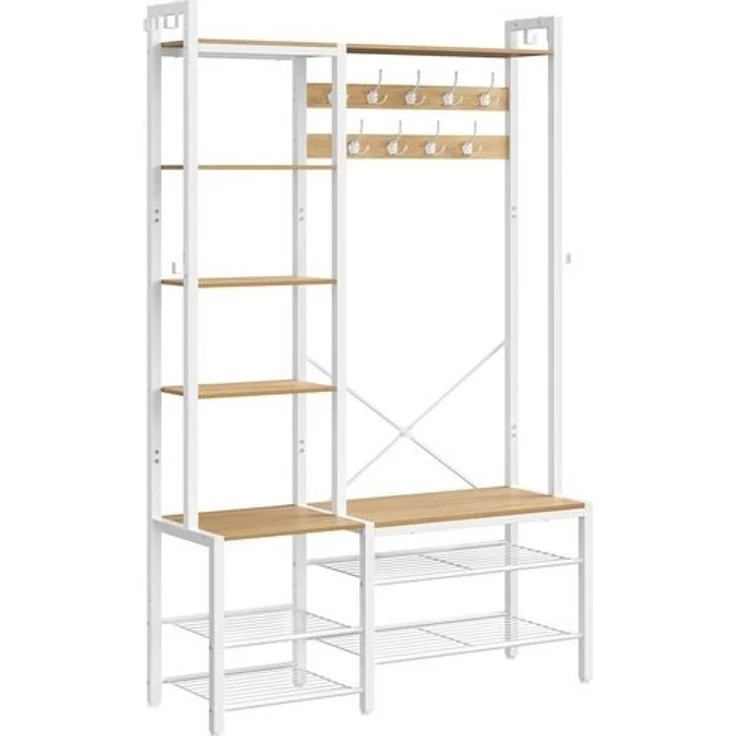 VASAGLE Garderobenständer mit Schuhbank, Garderobe, 5 Regalebenen aus Spanplatten, 9 Dreifach-Haken, 6 seitliche Haken, 40 x 120 x 190 cm, goldeichenfarben-wolkenweiß HSRDE426Y01 – Bild 2