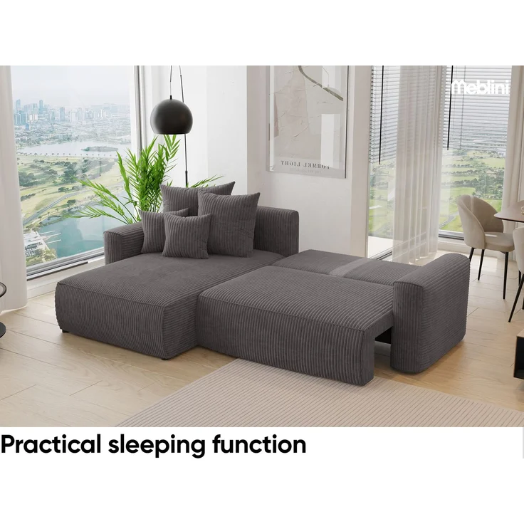 MEBLINI Schlafcouch mit Bettkasten - 260x160x78cm - Dunkelgrau Cordstoff - BALI - Kleines Ecksofa mit Schlaffunktion - Sofa mit Relaxfunktion und Kissen - Kleine Couch L-Form - Eckcouch – Bild 5