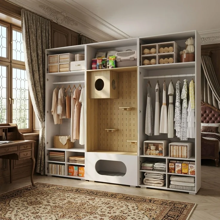 CHICFURN Kleiderschrank 270x200x50 cm aus Spanplatte mit Kleiderstange und Katzenkletterwand – Weiß/Holzoptik – Bild 6
