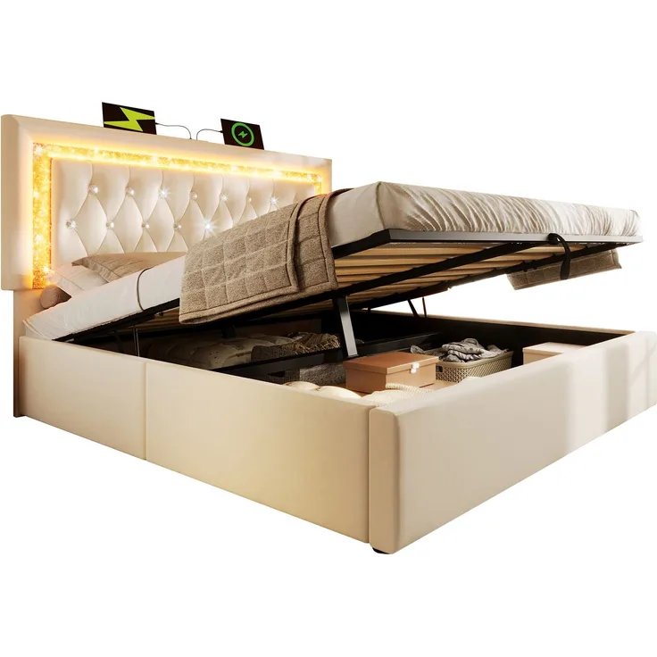 Polsterbett Doppelbett Samt mit LED-Diamantstreifen, USB & Type-C Ladestation, hydraulischem Stauraum Beige H 104 cm x T 209 cm x B 187 cm
