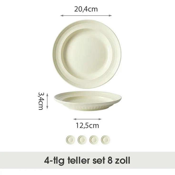 JIWOO Speiseteller 4er Ø20,4cm, Frühstücksteller Pastateller Teller Brotteller Plate, (4 St), Plate Hochwertiges Tellerset Beige Mikrowellenofen Spülmaschine