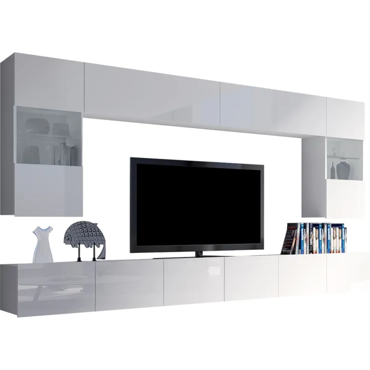 Wohnwand Calabrini I (Farbe: Weiß / Weiß Hochglanz, ohne Beleuchtung)
