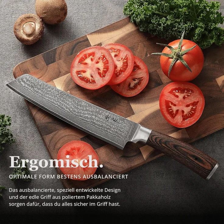 Wakoli Asiamesser Edib Tanto Damast Küchenmesser Kochmesser 20 cm Klinge Pakkaholzgriff, aus 67 Lagen Damaststahl, VG-10 Stahlkern – Bild 5