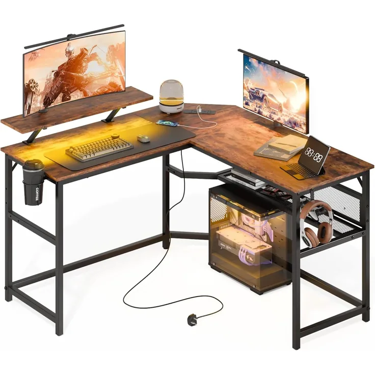Mondeer L-förmiger Schreibtisch mit LED, 130x130 cm Gaming Tisch mit 2 Steckdosen und 2 USB Ladeanschluss, Eckschreibtisch mit Netzablage & Haken, für Home Office und Schlafzimmer, Vintage Braun