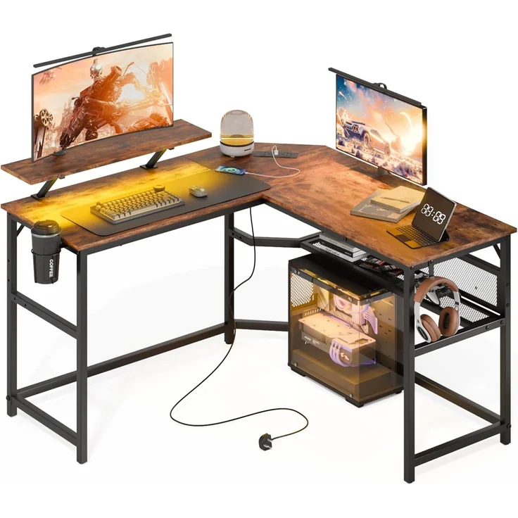 Mondeer L-förmiger Schreibtisch mit LED, 130x130 cm Gaming Tisch mit 2 Steckdosen und 2 USB Ladeanschluss, Eckschreibtisch mit Netzablage & Haken, für Home Office und Schlafzimmer, Vintage Braun