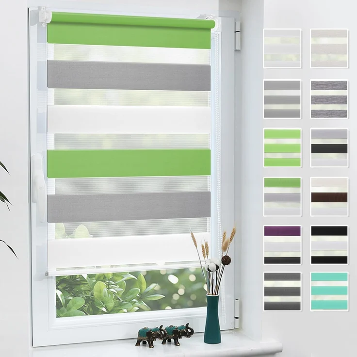 Grandekor Doppelrollo Klemmfix ohne Bohren Grün-Grau-Weiß 60x120 cm(Stoffbreite 56cm) Fenster Rollos für innen Klemmrollos Duo Rollos für Fenster ohne Bohren mit Bohren Privatschutz Zebrarollo – Bild 1