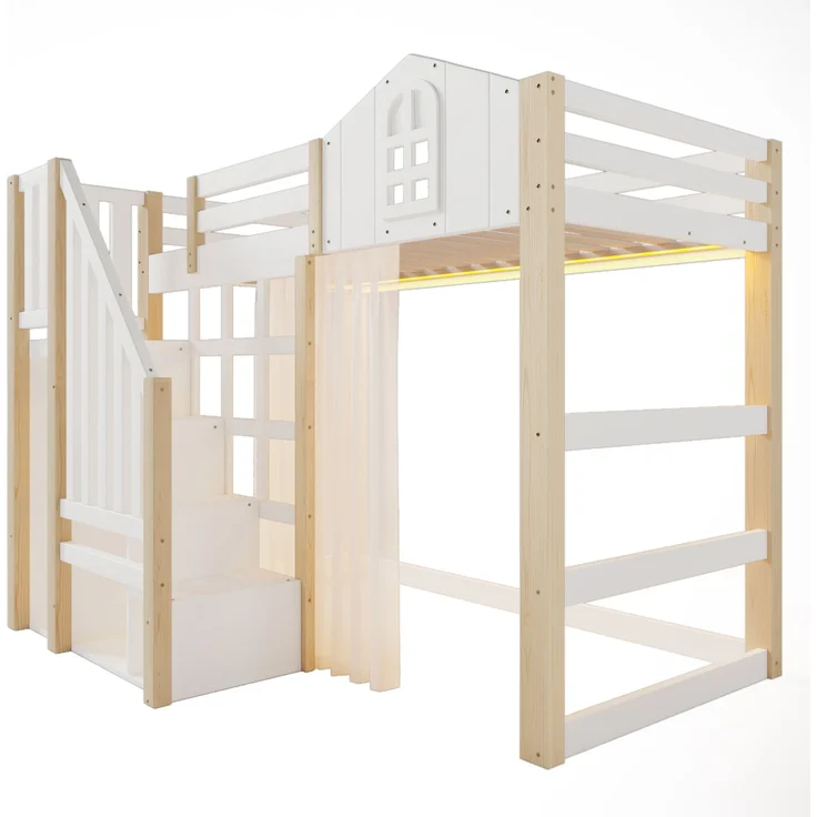 Hochbett 90x200 cm mit LED-Leuchten, Fensterform, Ablageleiter, offenem Staufach, Gaze, Kiefernholz, Weiß+Natur – Bild 9