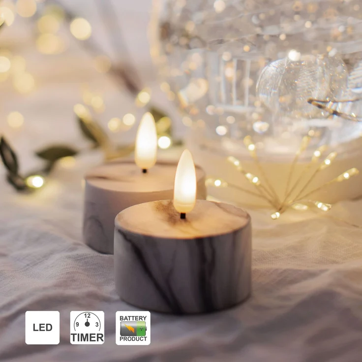 Beton-Kerzen ,Flamme Marble', 2er Set Teelichter in Marmor-Optik, Batterie + Timer, warmweiß, Ø 5,5cm – Bild 3