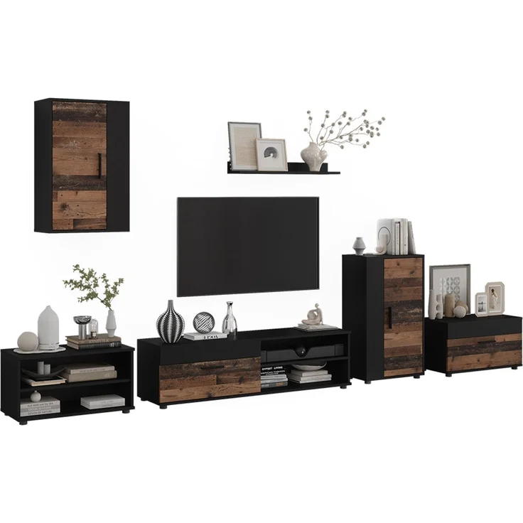 Wohnwand Berno Schwarz/Oldstyle 6-teiliges Set Vicco – Bild 5