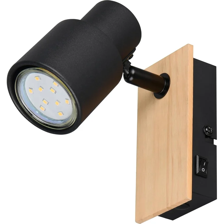 Wandstrahler PIERRE mit Schalter, Metall Schwarz & Holz, Breite 6cm – Bild 1