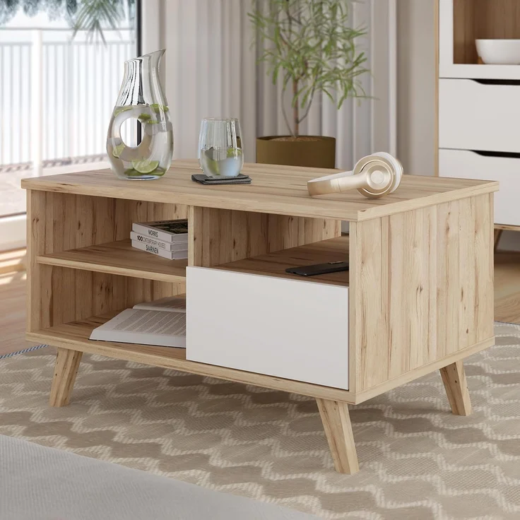 Forte VANNKA Couchtisch 90, Tisch mit offenen Fächern und Schublade, Holzwerkstoff, Planked Eiche Dekor/Weiß, 90 cm breit, 51,1 cm hoch, 60 cm tief – Bild 1