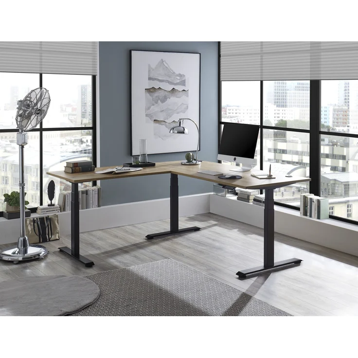 Eckschreibtisch >Ben< höhenverstellbar, Eiche Dekor / schwarz - 180x74/117x177cm (BxHxT) – Bild 3