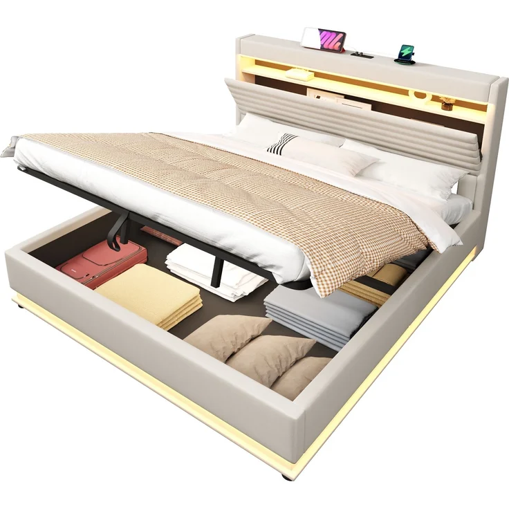 Merax Polsterbett, 180x200 cm, Doppelbett Mit USB Typ-C Ladefunktion, LED-Beleuchtung, Hydraulische Lagerung, Flip-Top-Aufbewahrungsfach, Ohne Matratze, Leinen, Beige – Bild 10