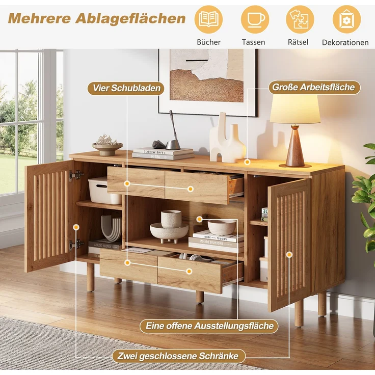 ZUBALIYA Sideboard 140x35x71 cm, mit 4 Schubladen, aus MDF, Natur – Bild 17